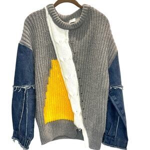Elloh – Color Block Denim Sleeve Sweater – Yellow/Grey – Size F